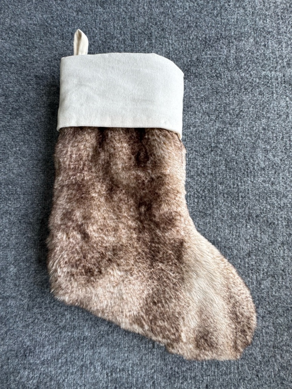 Pottery Barn Faux Fur Christmas Stocking Brown with Cream Cuff